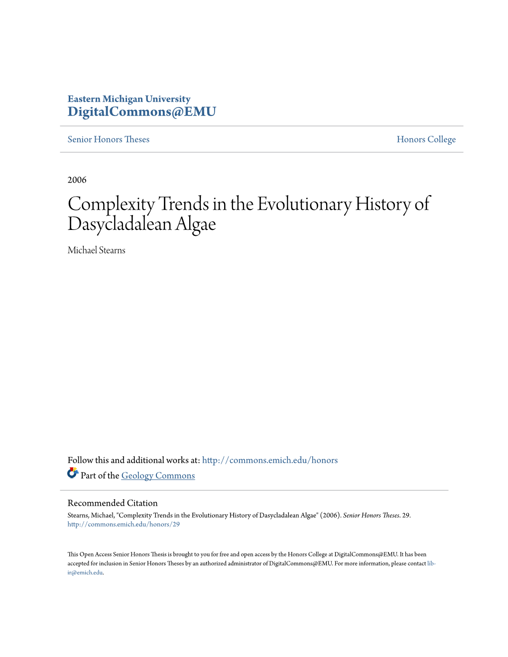 Complexity Trends in the Evolutionary History of Dasycladalean Algae Michael Stearns