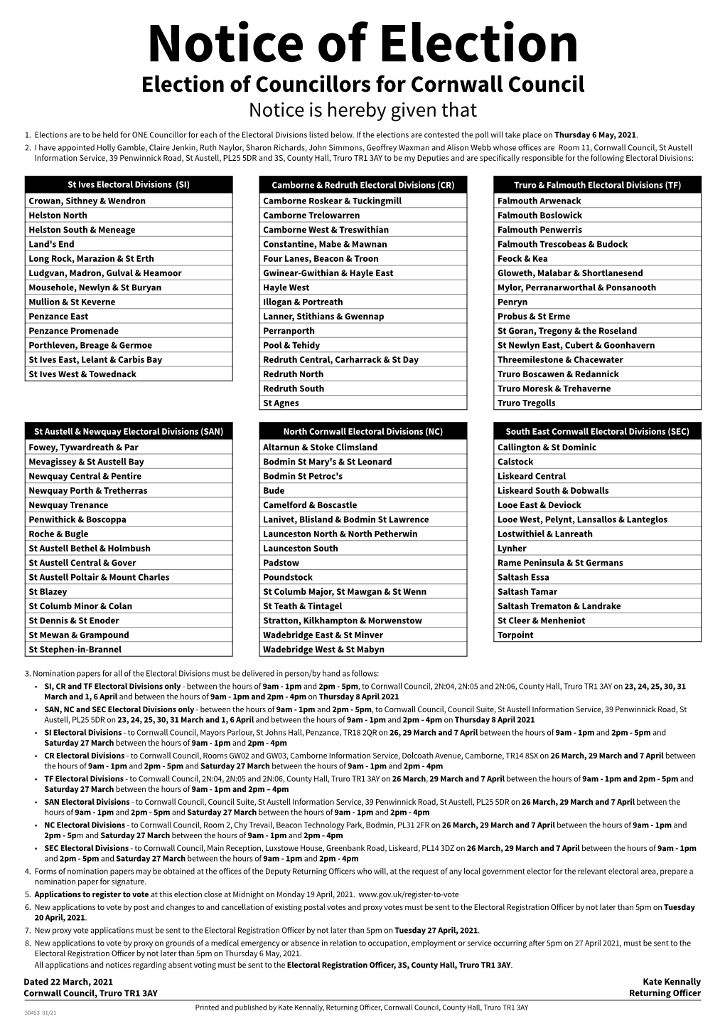 Notice of Election Cornwall Council