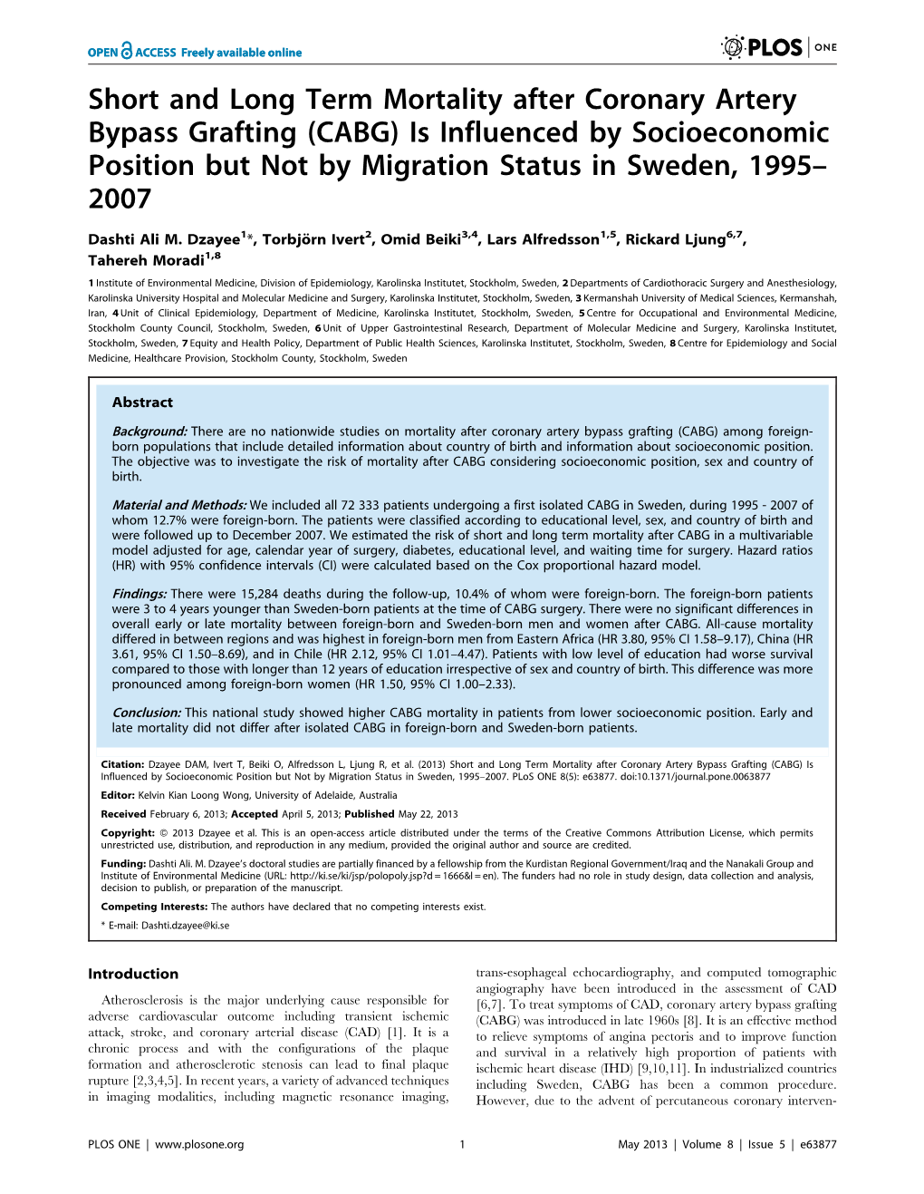 CABG) Is Influenced by Socioeconomic Position but Not by Migration Status in Sweden, 1995– 2007