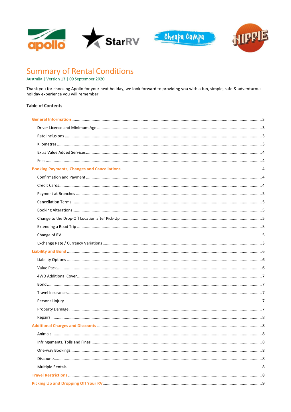 Summary of Rental Conditions Australia | Version 13 | 09 September 2020