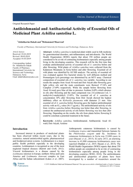 Antileishmanial and Antibacterial Activity of Essential Oils of Medicinal Plant Achillea Santolina L