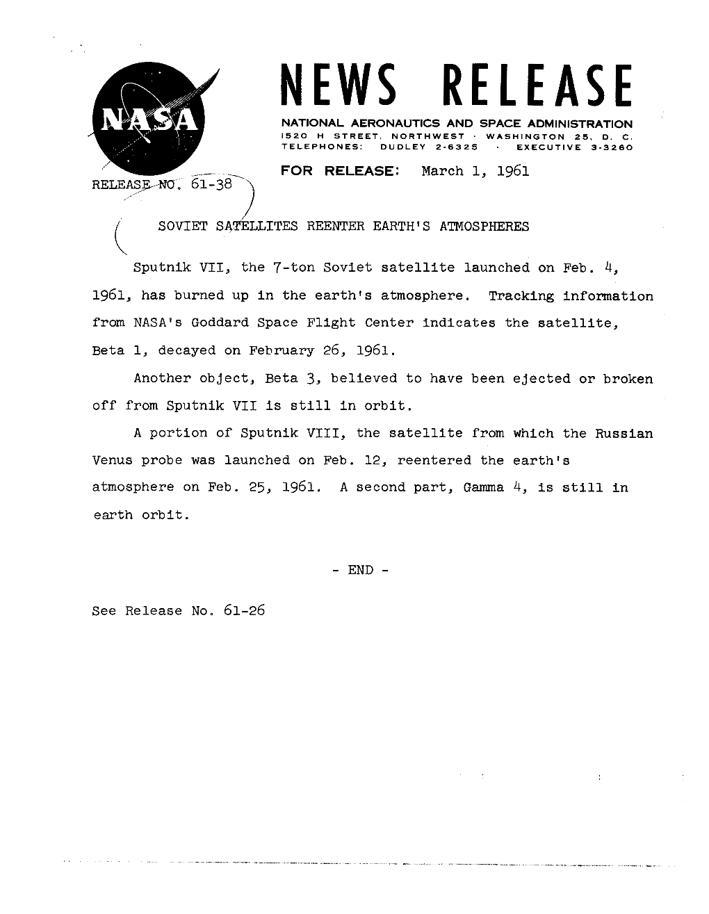 News Release National Aeronautics and Space Administration 1520 H Street, Northwest