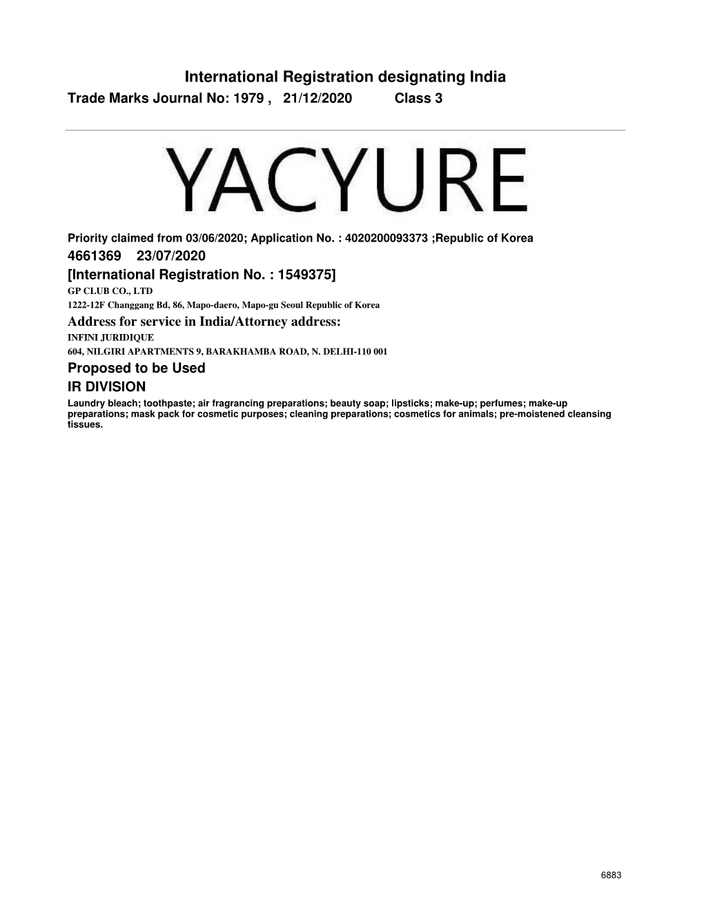 International Registration Designating India Trade Marks Journal No: 1979 , 21/12/2020 Class 3