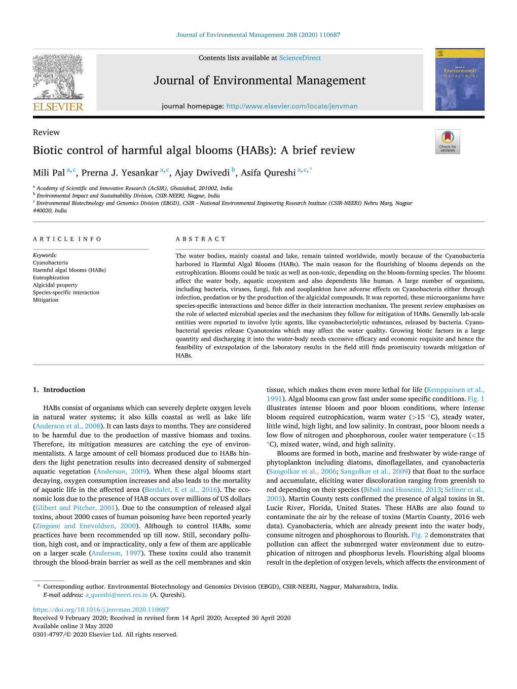 Biotic Control of Harmful Algal Blooms (Habs): a Brief Review