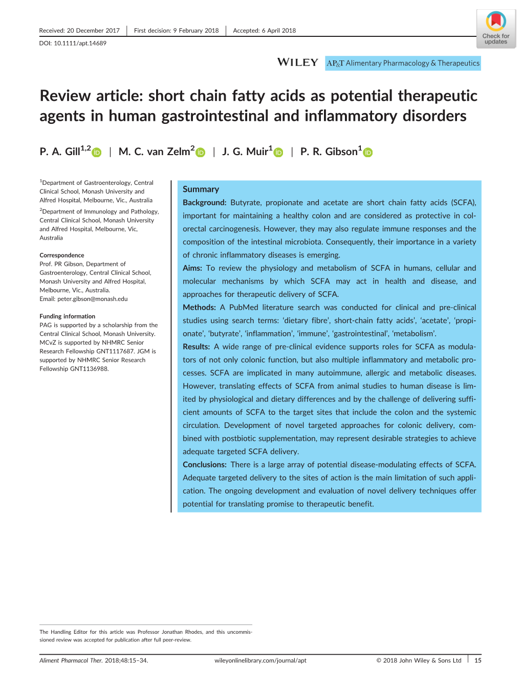 Short Chain Fatty Acids As Potential Therapeutic Agents in Human Gastrointestinal and Inflammatory Disorders