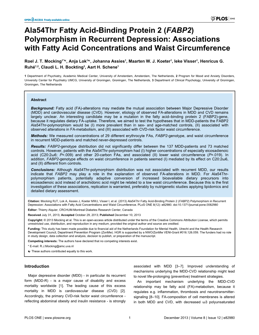 Ala54thr Fatty Acid-Binding Protein 2 (FABP2) Polymorphism in Recurrent Depression: Associations with Fatty Acid Concentrations and Waist Circumference