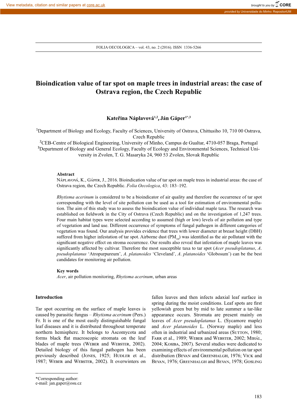 Bioindication Value of Tar Spot on Maple Trees in Industrial Areas: the Case of Ostrava Region, the Czech Republic