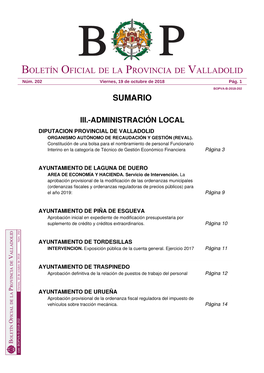 Sumario Boletín Oficial De La Provincia De Valladolid