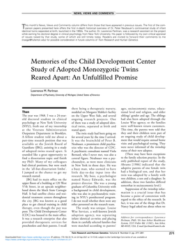 Memories of the Child Development Center Study of Adopted Monozygotic Twins Reared Apart: an Unfulfilled Promise