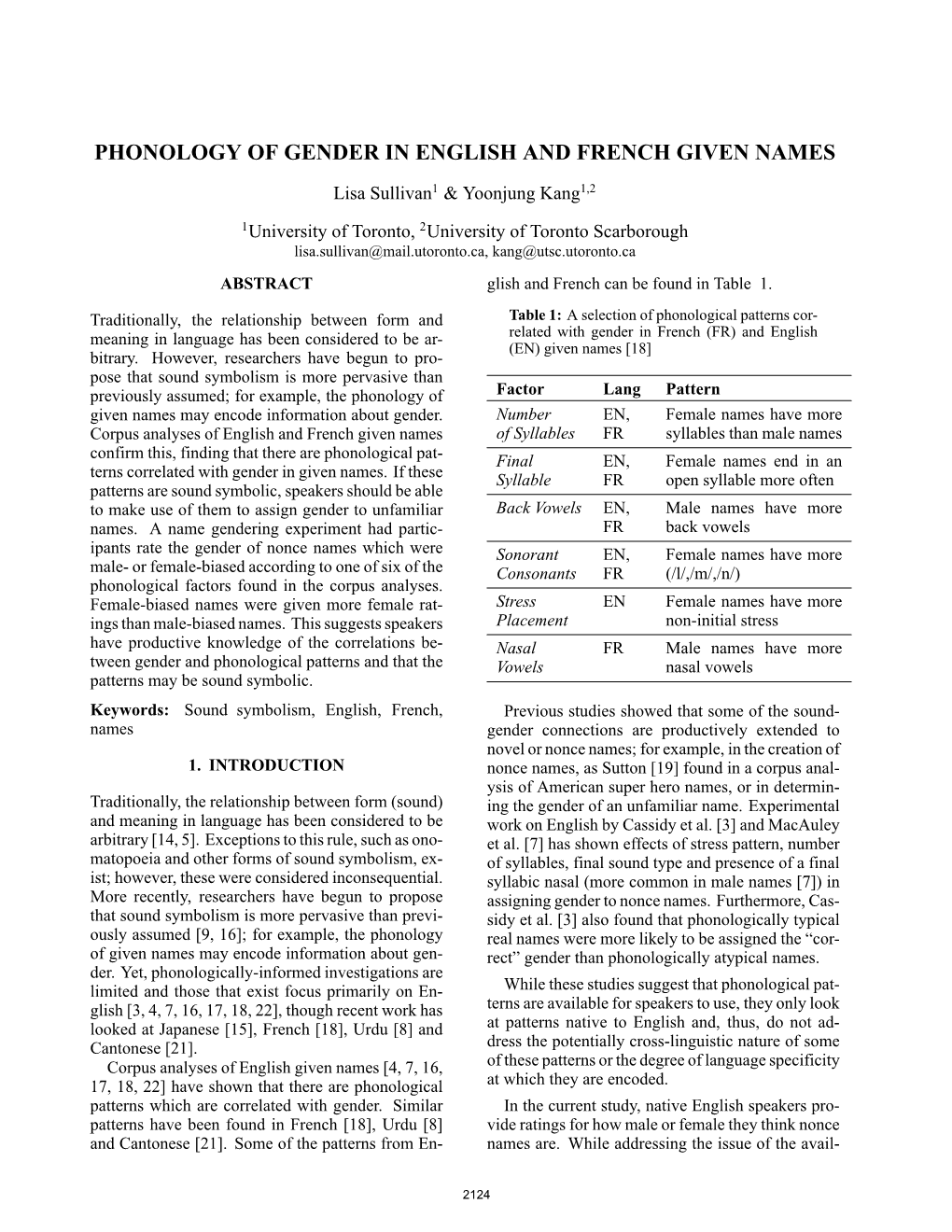 Phonology of Gender in English and French Given Names