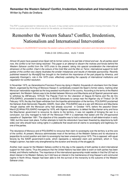 Remember the Western Sahara? Conflict, Irredentism, Nationalism and International Intervention Written by Pablo De Orellana