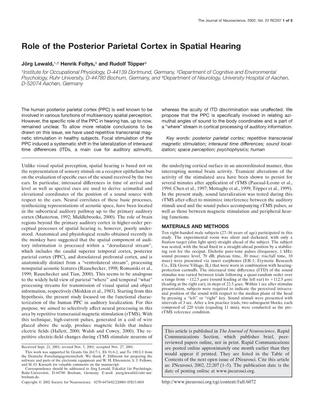 Role of the Posterior Parietal Cortex in Spatial Hearing