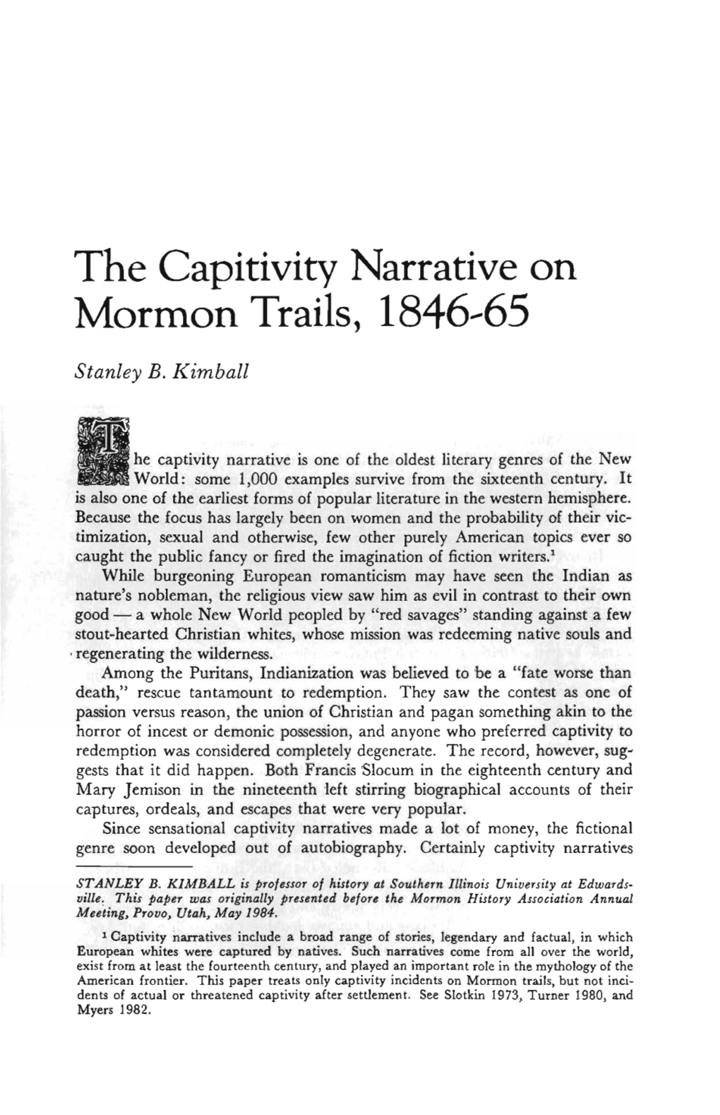 The Capitivity Narrative on Mormon Trails, 1846-65