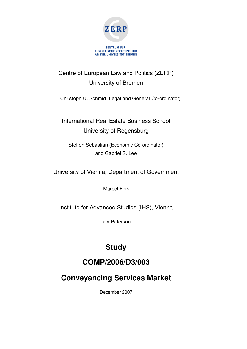 Study COMP/2006/D3/003 Conveyancing Services Market