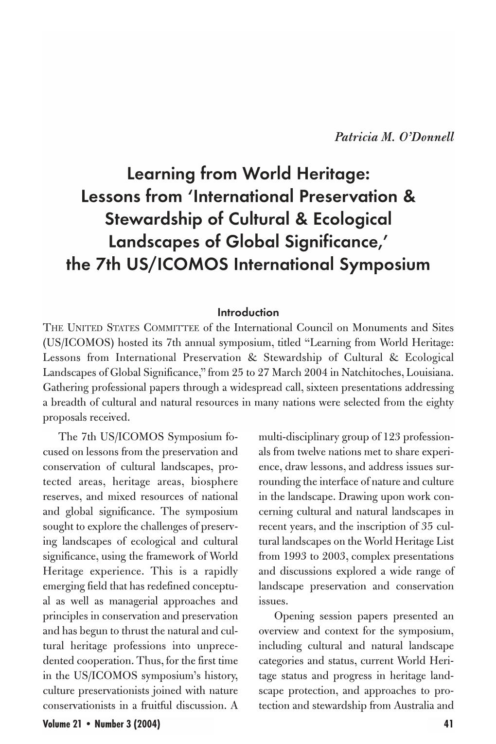Learning from World Heritage: Lessons from 'International