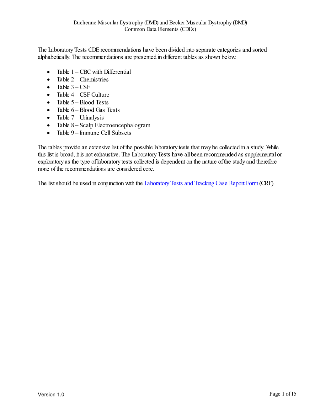 Laboratory Tests Recommendations Table and Guidelines For