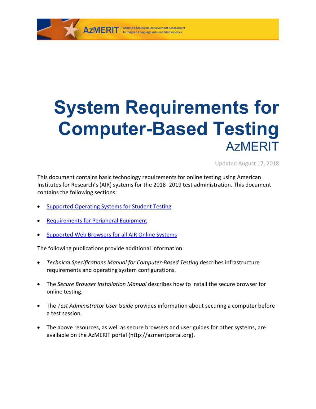 System Requirements for Computer-Based Testing Azmerit