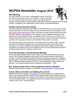 WCPHA Newsletter August 2019 Next Meeting Our Next Meeting Will Be Held on Wednesday August 7Th 2019 at the Hillcrest Community Centre, Room MP320, 7:15Pm