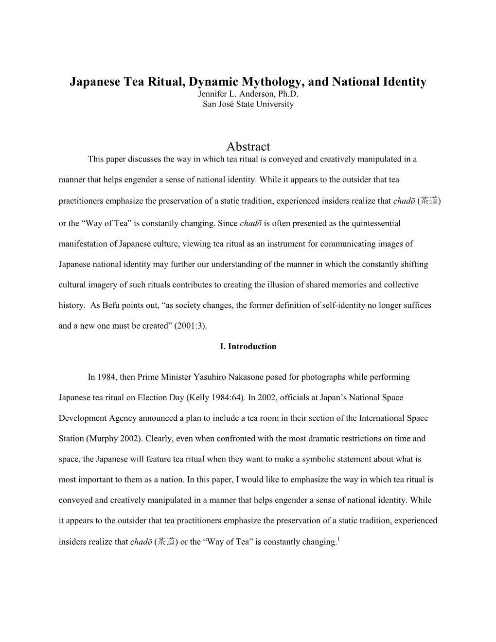 Japanese Tea Ritual, Dynamic Mythology, and National Identity Jennifer L