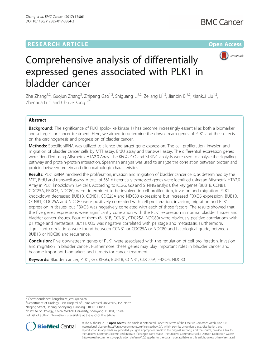 Comprehensive Analysis of Differentially Expressed Genes Associated with PLK1 in Bladder Cancer