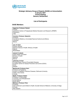 (SAGE) on Immunization 5 January 2021 Virtual Meeting Geneva, Switzerland