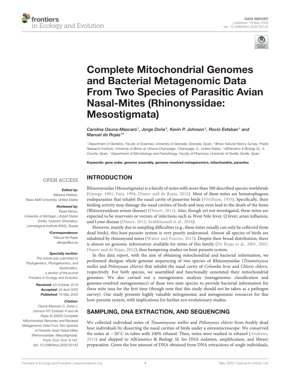 Complete Mitochondrial Genomes and Bacterial Metagenomic Data from Two Species of Parasitic Avian Nasal-Mites (Rhinonyssidae: Mesostigmata)