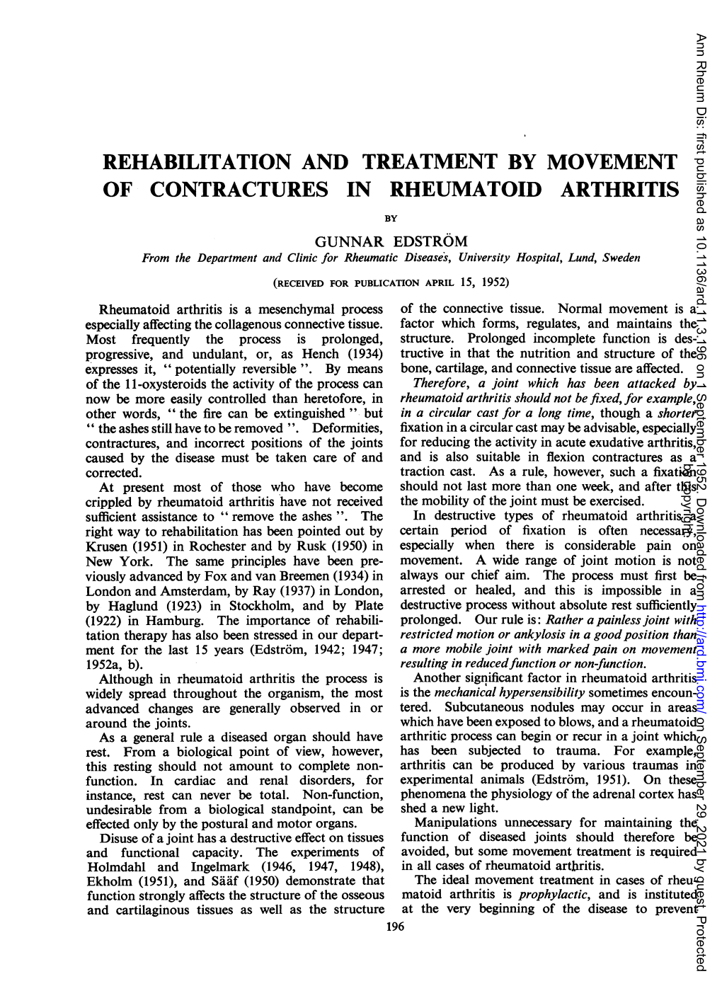 Rehabilitation and Treatment by Movement of Contractures in Rheumatoid Arthritis