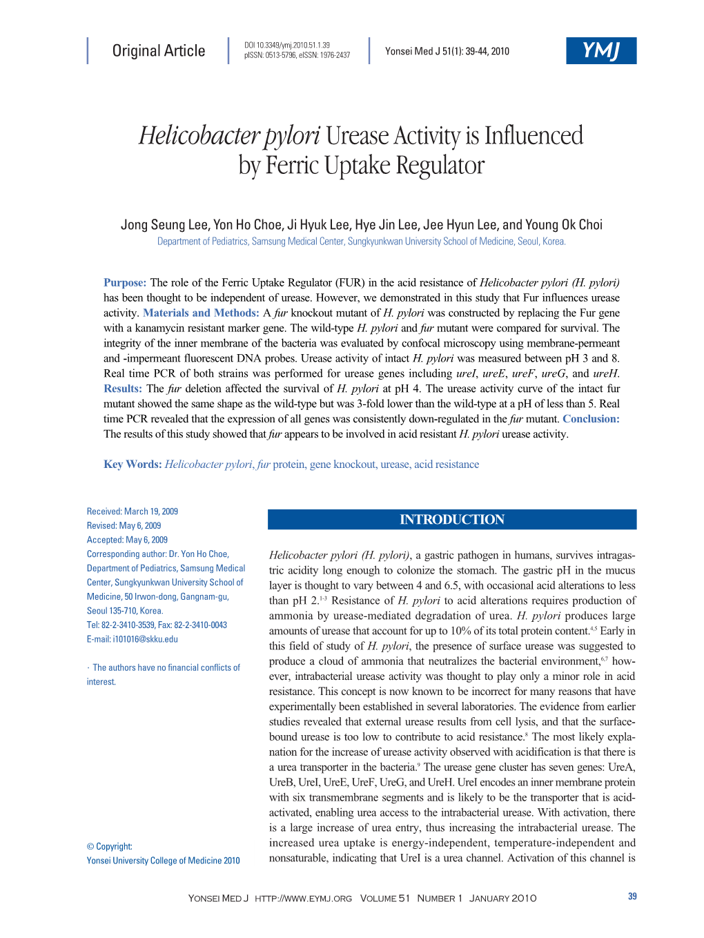 Helicobacter Pyloriurease Activity Is Influenced by Ferric Uptake Regulator