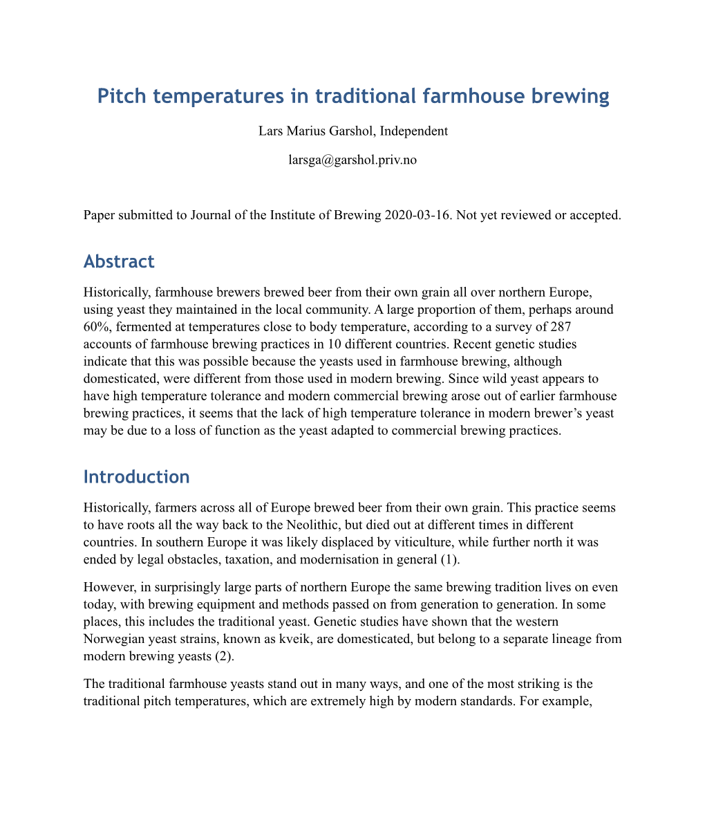 Pitch Temperatures in Traditional Farmhouse Brewing