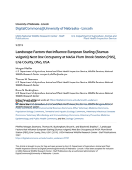 Landscape Factors That Influence European Starling (Sturnus Vulgaris) Nest Box Occupancy at NASA Plum Brook Station (PBS), Erie County, Ohio, USA
