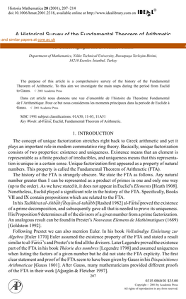 A Historical Survey of the Fundamental Theorem of Arithmetic View Metadata, Citation and Similar Papers at Core.Ac.Uk Brought to You by CORE A