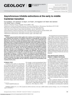 Asynchronous Trilobite Extinctions at the Early to Middle Cambrian Transition F.A