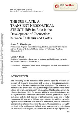 THE SUBPLATE, a TRANSIENT NEOCORTICAL STRUCTURE: Its Role in the Development of Connections Between Thalamus and Cortex