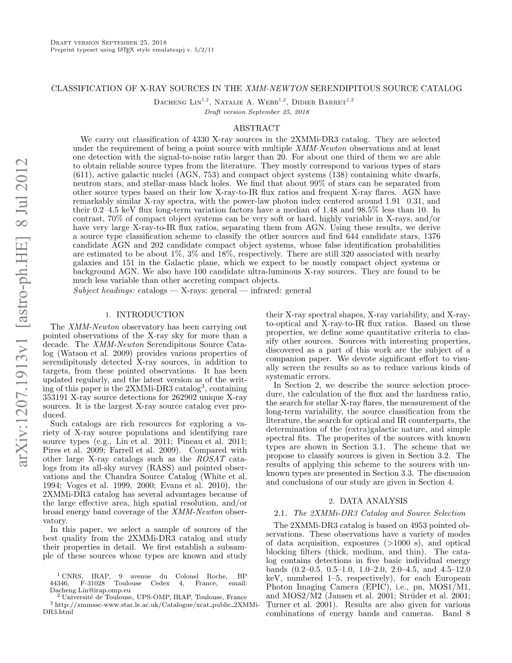 Arxiv:1207.1913V1 [Astro-Ph.HE] 8 Jul 2012 DR3.Html One Bevtoso H -A K O Oeta a Than More for Sky X-Ray the the Decade