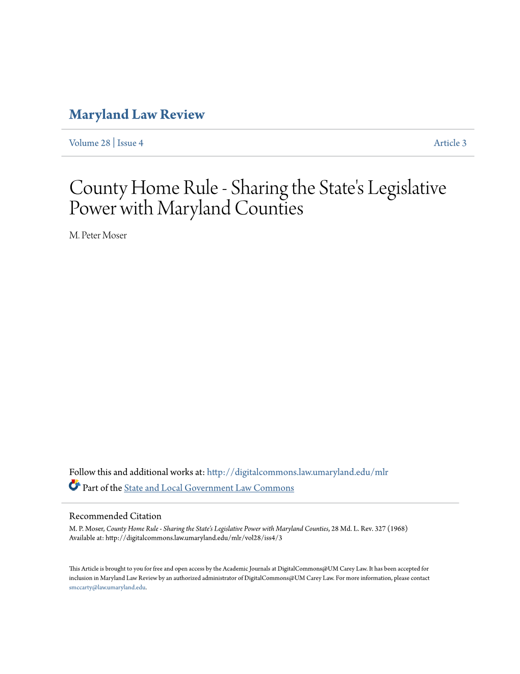 County Home Rule - Sharing the State's Legislative Power with Maryland Counties M