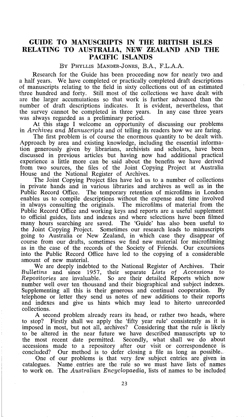 GUIDE to MANUSCRIPTS in the BRITISH ISLES RELATING to AUSTRALIA, NEW ZEALAND and the PACIFIC ISLANDS B Y Phyl L Is Mander-Jones, B.A., F.L.A.A