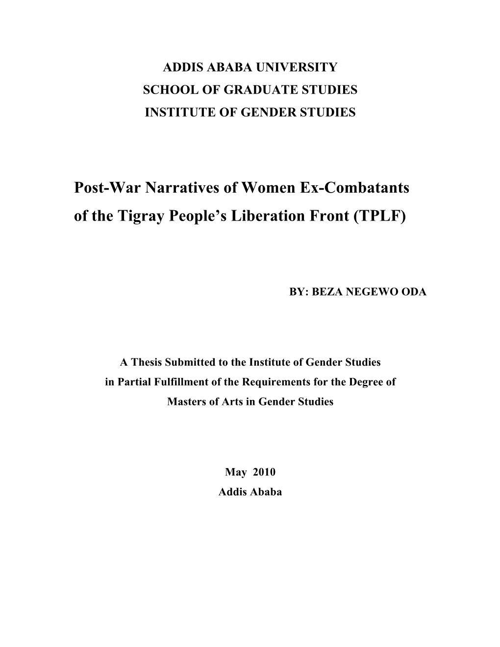 Post-War Narratives of Women Ex-Combatants of the Tigray People’S Liberation Front (TPLF)