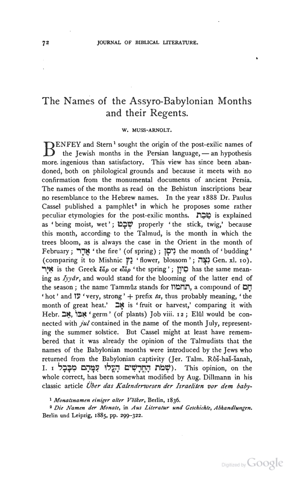 The Names of the Assyro-Babylonian Months and Their Regents