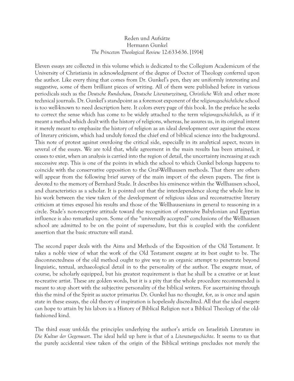 Reden Und Aufsätze Hermann Gunkel the Princeton Theological Review 12:633-636