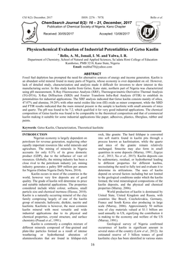 Physicochemical Evaluation of Industrial Potentialities of Getso Kaolin