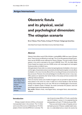Obstetric Fistula and Its Physical, Social and Psychological Dimension: the Etiopian Scenario