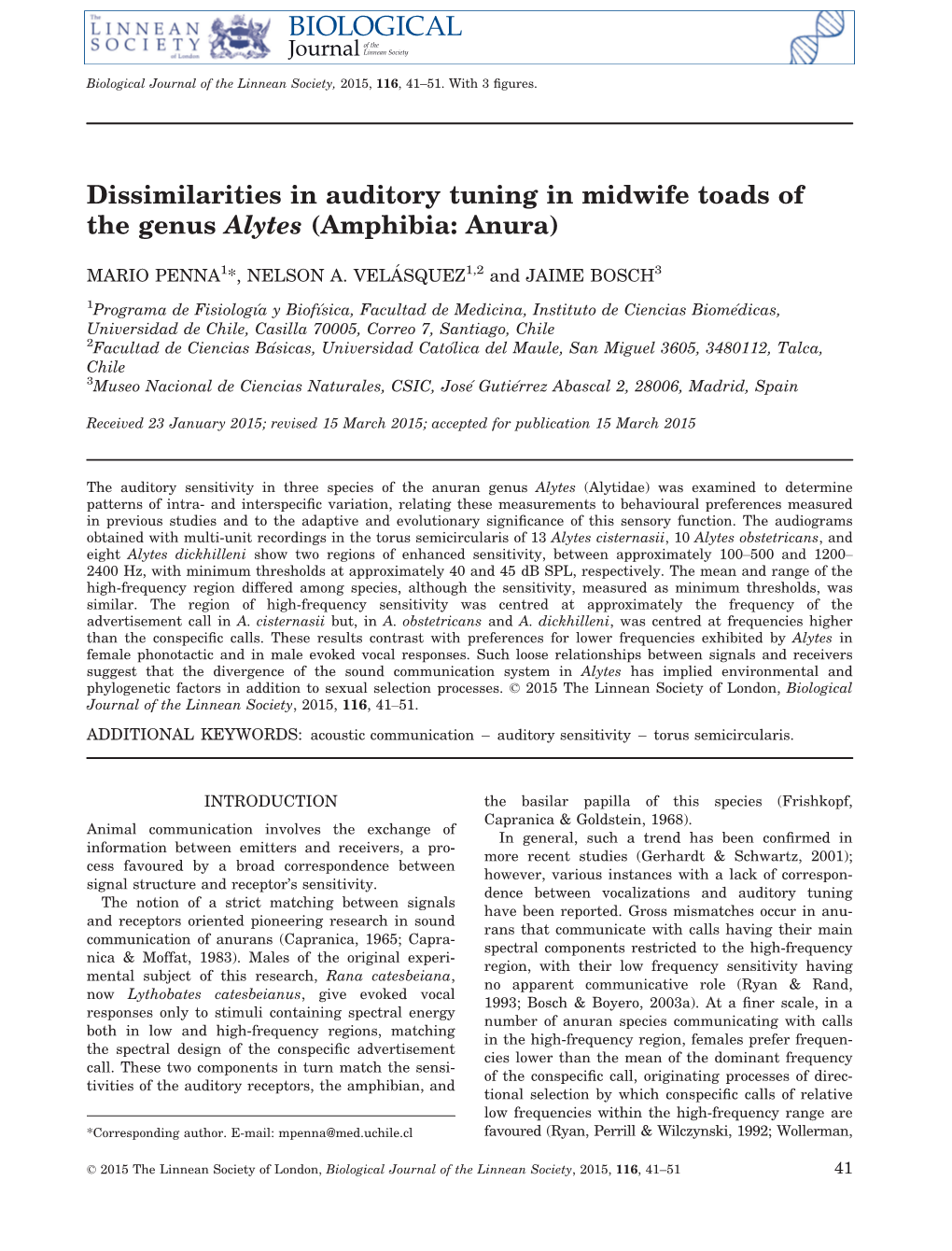 Dissimilarities in Auditory Tuning in Midwife Toads of the Genus Alytes (Amphibia: Anura)