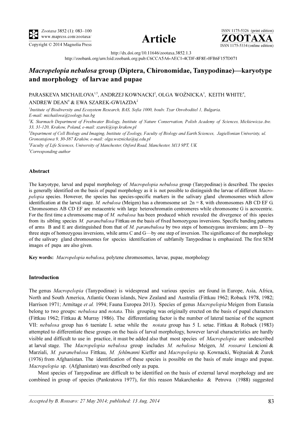 Diptera, Chironomidae, Tanypodinae)—Karyotype and Morphology of Larvae and Pupae