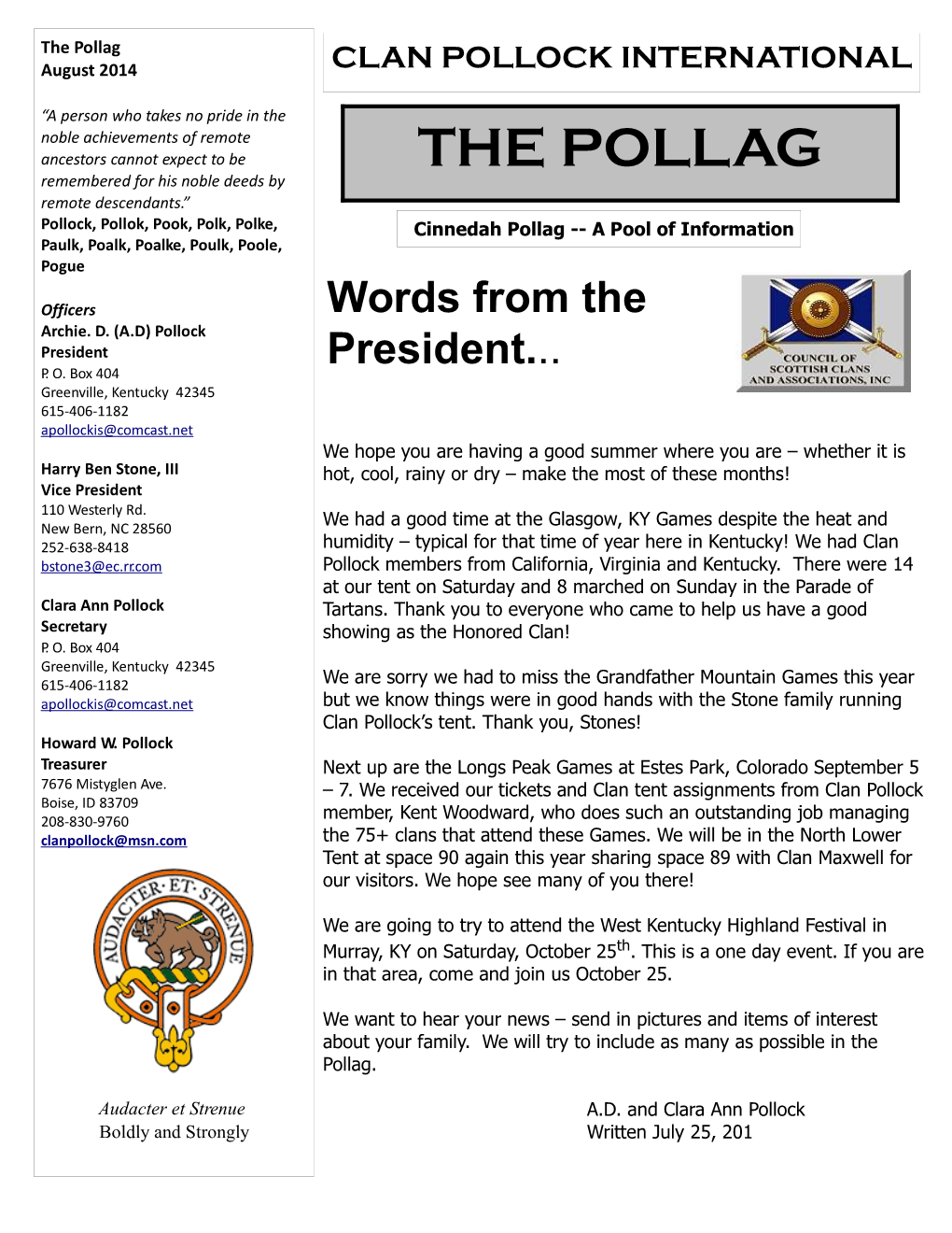 The Pollag August 2014 CLAN POLLOCK INTERNATIONAL