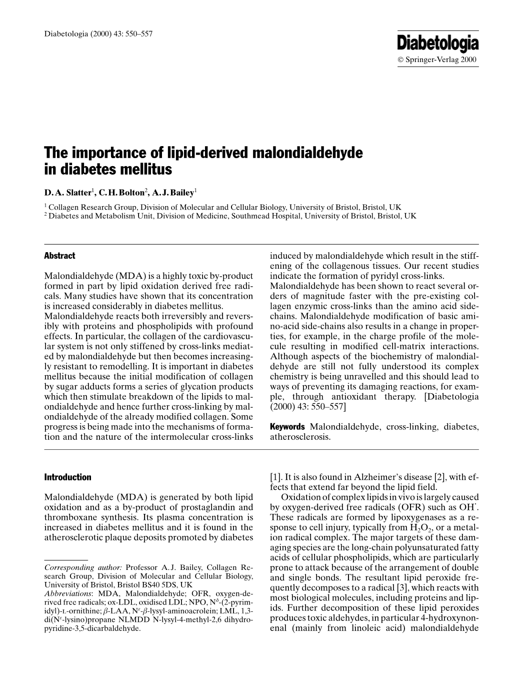 The Importance of Lipid-Derived Malondialdehyde in Diabetes Mellitus