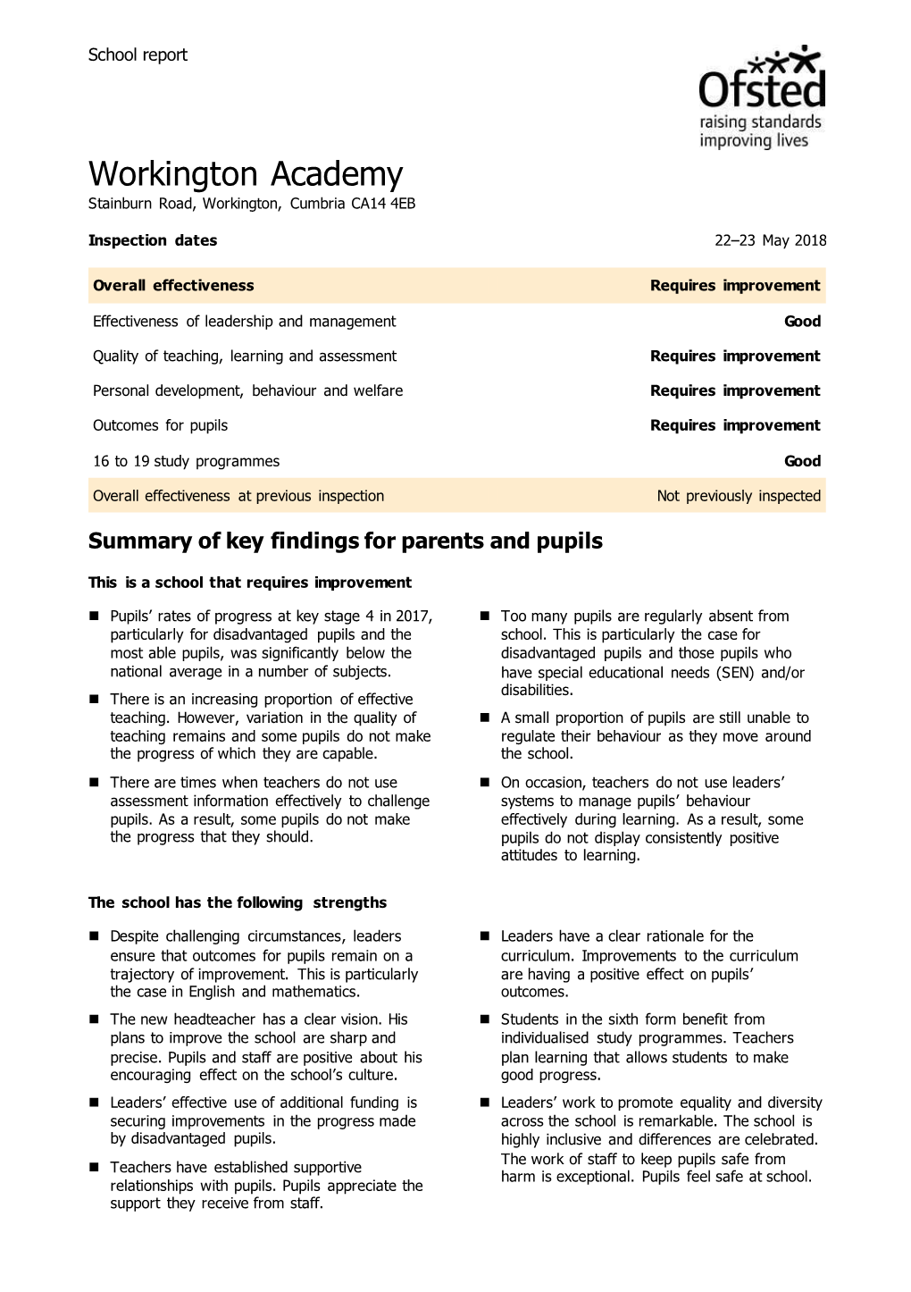 Workington Academy Ofsted Report May 2018