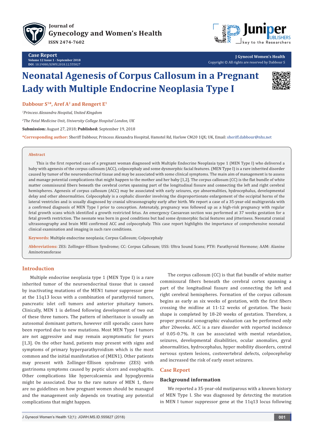 Neonatal Agenesis of Corpus Callosum in a Pregnant Lady with Multiple Endocrine Neoplasia Type I