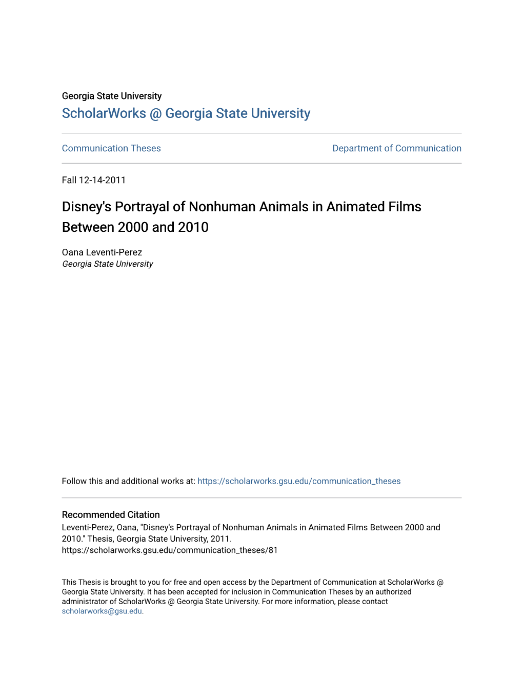 Disney's Portrayal of Nonhuman Animals in Animated Films Between 2000 and 2010