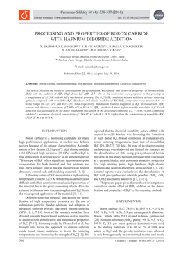 Processing and Properties of Boron Carbide with Hafnium Diboride Addition