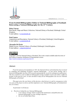 From Scottish Bibliographies Online to National Bibliography of Scotland: Reinventing a National Bibliography for the 21St Century